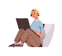 Poster - businesswoman working on laptop business woman freelancer using notebook social media communication