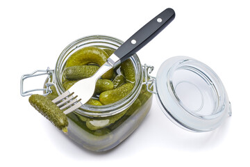 Wall Mural - Can of Tasty green cornichons isolated on a white background