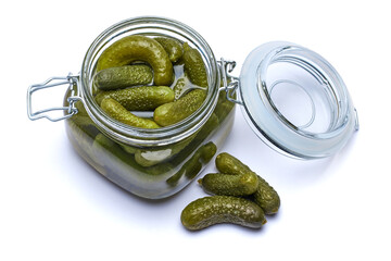 Wall Mural - Can of Tasty green cornichons isolated on a white background