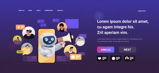 Poster - chatbot using loudspeaker discussing with mix race businesspeople during virtual conference on smart