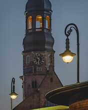 Germany, Hamburg, Bell Tower Of Saint Catherines Church At Dusk