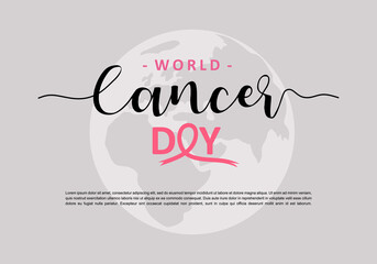 Wall Mural - World cancer day concept background with pink ribbon and grey earth.