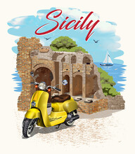 Sicily  Typography For T-shirt Print With Ancient Ruins And Retro Scooter.Vintage Poster.