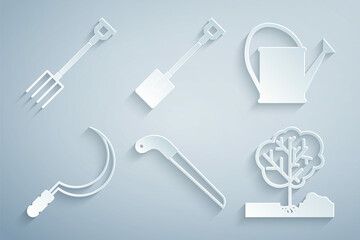 Sticker - Set Garden saw, Watering can, Sickle, Planting tree the ground, shovel and pitchfork icon. Vector