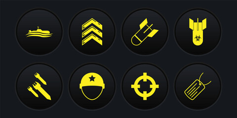 Poster - Set Rocket, Biohazard bomb, Military helmet, Target sport, Aviation, rank, dog tag and Submarine icon. Vector