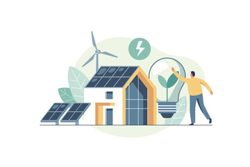 Environmental care concept. Waste pollution and recycling problem, nature care, green energy. Use clean green energy from renewable sources. Vector illustration.