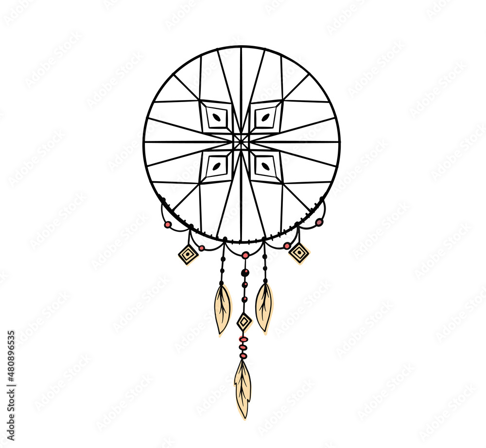 Hand drawn Native American Indian talisman dreamcatcher with feathers ...