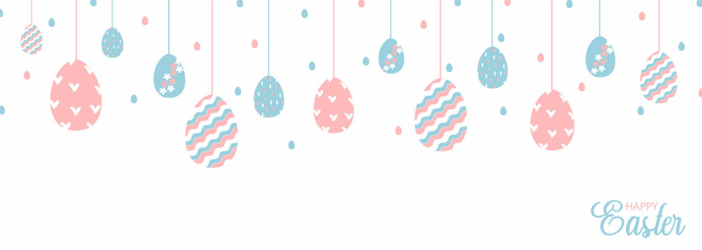 Cute hand drawn hanging easter eggs horizontal seamless pattern, fun garland, great for textiles, banners, wallpapers, easter cards and wrapping - vector design. Pastel Easter eggs on white background