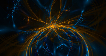 Wall Mural - abstract colorful shapes of blue and yellow fire on a dark background. fantastic glowing fractal sha