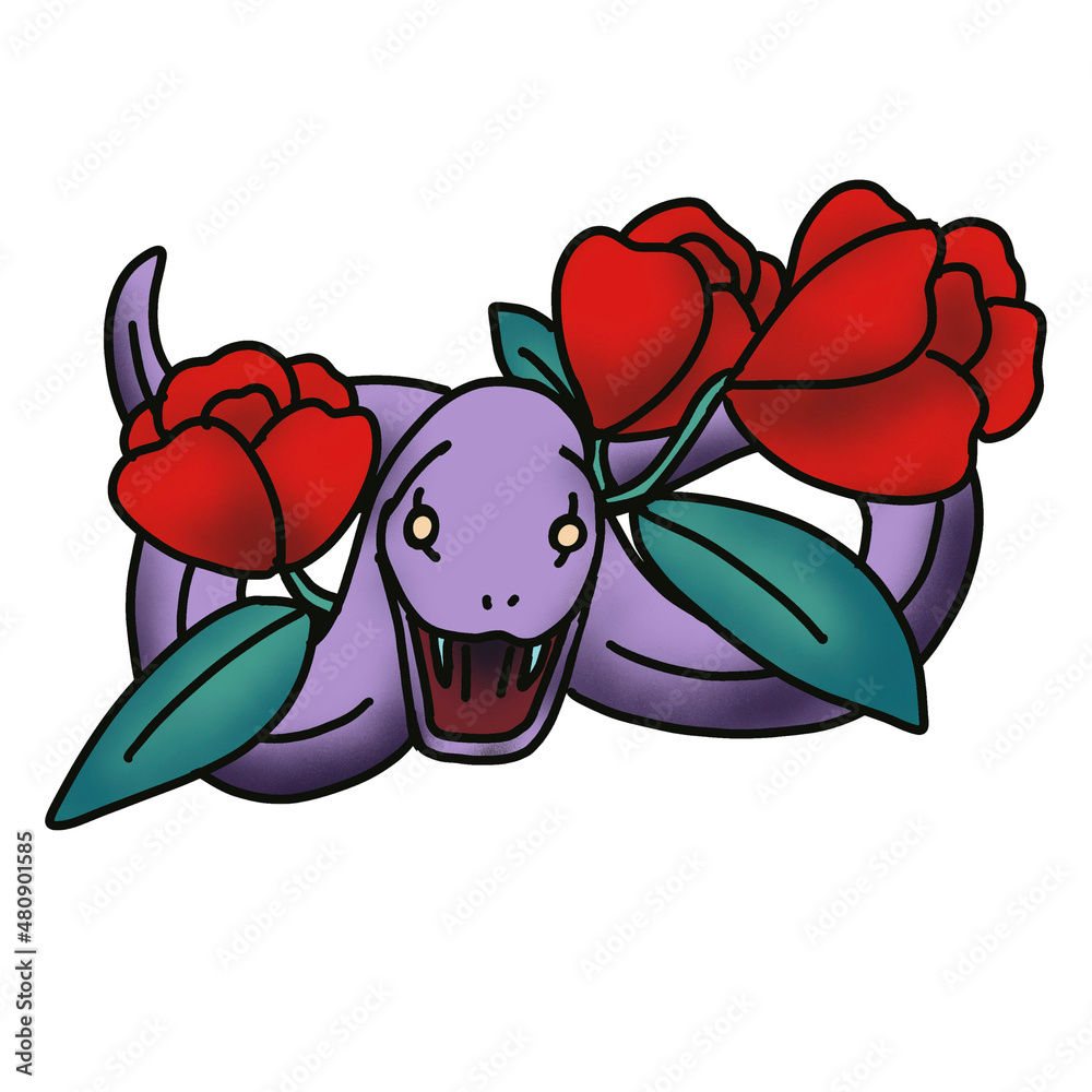 traditional tattoo style snake with rose