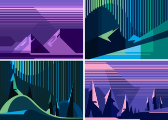 Wall Mural - set of banners with northern lights. placard designs in abstract style.