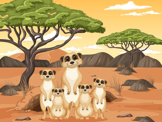 Sticker - Desert background with a group of meerkats