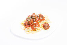 Details Of Tasty Fresh Spaghetti And Meatballs Plate, On White Background