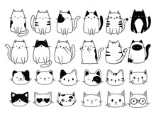 Set Of Cute Cats. Collection Of Funny Cartoon Animal. Lovely Kittens. Pet Faces With  Mustache. Vector Illustration Of Home Pets. Logo Of The Cat. 