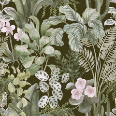 Watercolor floral seamless pattern with home tropical plants. Floral background