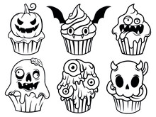 Set Of Cute Halloween Cupcakes. Collection Of Character Creepy Cupcakes With Witch Hat, Pumpkin, Eyeball, Etc. Trick Or Treat. Happy Scary Sweets. Vector Illustration Of Fun Halloween Muffins.