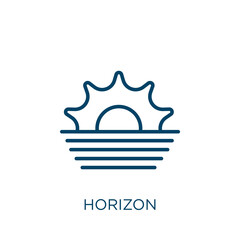 Poster - horizon icon. Thin linear horizon, sunrise, sun outline icon isolated on white background. Line vector horizon sign, symbol for web and mobile