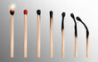 © redgreystock - Realistic 3d vector illustration closeup set of whole and burnt wooden matchsticks. Stages of match burning from fire isolated on transparent background. Charred wood stick. Ignition concept.