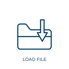 Poster - load file icon. Thin linear load file, data, arrow outline icon isolated on white background. Line vector load file sign, symbol for web and mobile