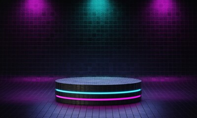 Cyberpunk product podium platform studio with blue and violet spotlight and grunge style textured background. Retro stage and Futuristics scene concept. 3D illustration rendering graphic