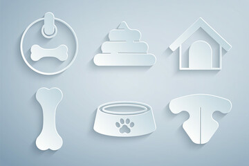 Sticker - Set Pet food bowl, Dog house, bone, Cat nose, Shit and collar icon. Vector