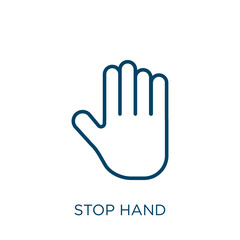 Aufkleber - stop hand icon. Thin linear stop hand, palm, stop outline icon isolated on white background. Line vector stop hand sign, symbol for web and mobile