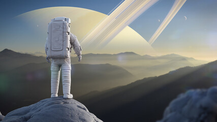 Wall Mural - astronaut looking over the landscape from the surface of the moon titan