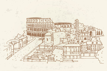 Wall Mural - Vector sketch of The Coliseum or Flavian Amphitheatre, Rome, Italy.