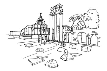 Wall Mural - vector sketch of Ancient ruins of a Roman Forum or Foro Romano, Rome, Italy.