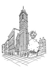 Fototapete - Vector sketch of St Paul's Within the Walls church (American Church) on Via Nazionale in Rome, Italy.