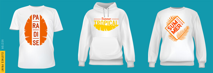 Tropical leaf print. Set realistic t-shirt, sweatshirt, hoodie base cloth isolated on simple background. Mockup for branding man or woman fashion. Design casual template. 3d vector illustration.