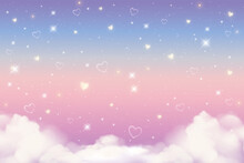 Holographic Fantasy Rainbow Unicorn Background With Clouds, Hearts And Stars. Pastel Color Sky. Magical Landscape, Abstract Fabulous Pattern. Cute Candy Wallpaper. Vector