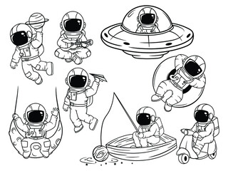 Set of cute astronauts. Collection of kids cosmonaunt on the moon, on scooter, sitting on a boat. Vector illustration of space explorers.
