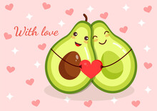 Cute Loving Couple Of Halves Of An Avocado In An Embrace Holding A Heart On A Background Of Hearts And Stars. Vector Illustration Of Valentine's Day For Postcard, Textile, Decor. Greeting Card.