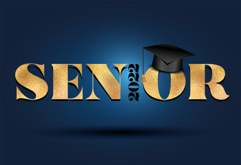 Wall Mural - Senior 2022 Congratulations Graduate - Typography. Gold sticker and isolated dark blue background. Good for T-shirt, high school or college graduate. bold lettering for greeting, invitation card.