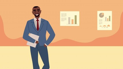 Poster - afro businessman with documents scene animation