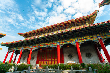 Architecture red chinese style temple and Traditional chinese lantern in Wat Borom Racha Kanchana Phi Sek Anuson