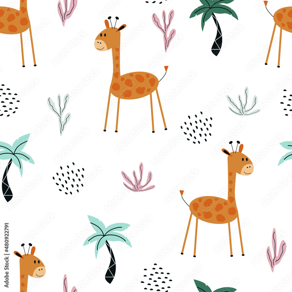 Vector de Stock Cute giraffes and palm trees seamless pattern. Children ...