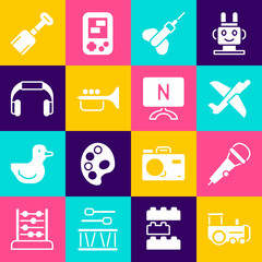 Canvas Print - Set Toy train, Microphone, plane, Dart arrow, Trumpet, Headphones, Shovel toy and Smart Tv icon. Vector