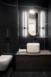 Stylish dark bathroom with black tiles