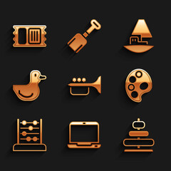 Sticker - Set Trumpet, Laptop, Pyramid toy, Palette, Abacus, Rubber duck, Toy boat and Circus ticket icon. Vector