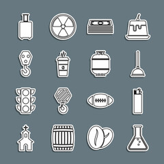 Sticker - Set line Test tube and flask, Lighter, Rubber plunger, Stacks paper money cash, Coffee cup, Industrial hook, Travel suitcase and Propane gas tank icon. Vector