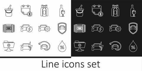 Canvas Print - Set line Water drop percentage, Car protection or insurance, Bottles of wine, Electric car, Wooden barrel for, bucket, service and Calendar and clock icon. Vector