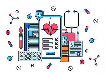 Sticker - Medical Care App Thin Line Color Concept Include of Stethoscope and Tablet. Vector illustration of Diagnosis and Consultation Service