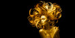 © Subbotina Anna - Gold Woman skin and hair, Beauty model girl with Golden make up, Long hair on black background. Gold glowing skin and fluttering hair. Metallic, glance Fashion art portrait, hairstyle, art design