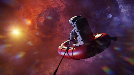 Wall Mural - astronaut in rubber boat, surreal space background banner
