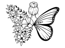 Illustration Of A Girl With Butterfly Wings. Woman's Portrait With Flowers. Woman's Body With Flower. Design For Printing. Blossom. 