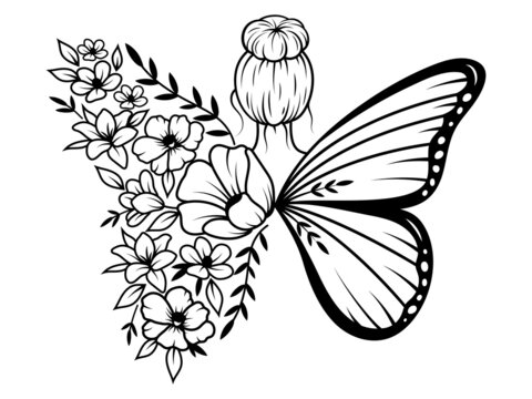 illustration of a girl with butterfly wings. woman's portrait with flowers. woman's body with flower