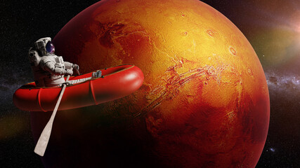 Wall Mural - astronaut in rubber boat in orbit of planet mars