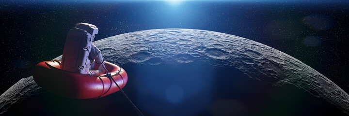 Wall Mural - astronaut in rubber boat in orbit of the moon
